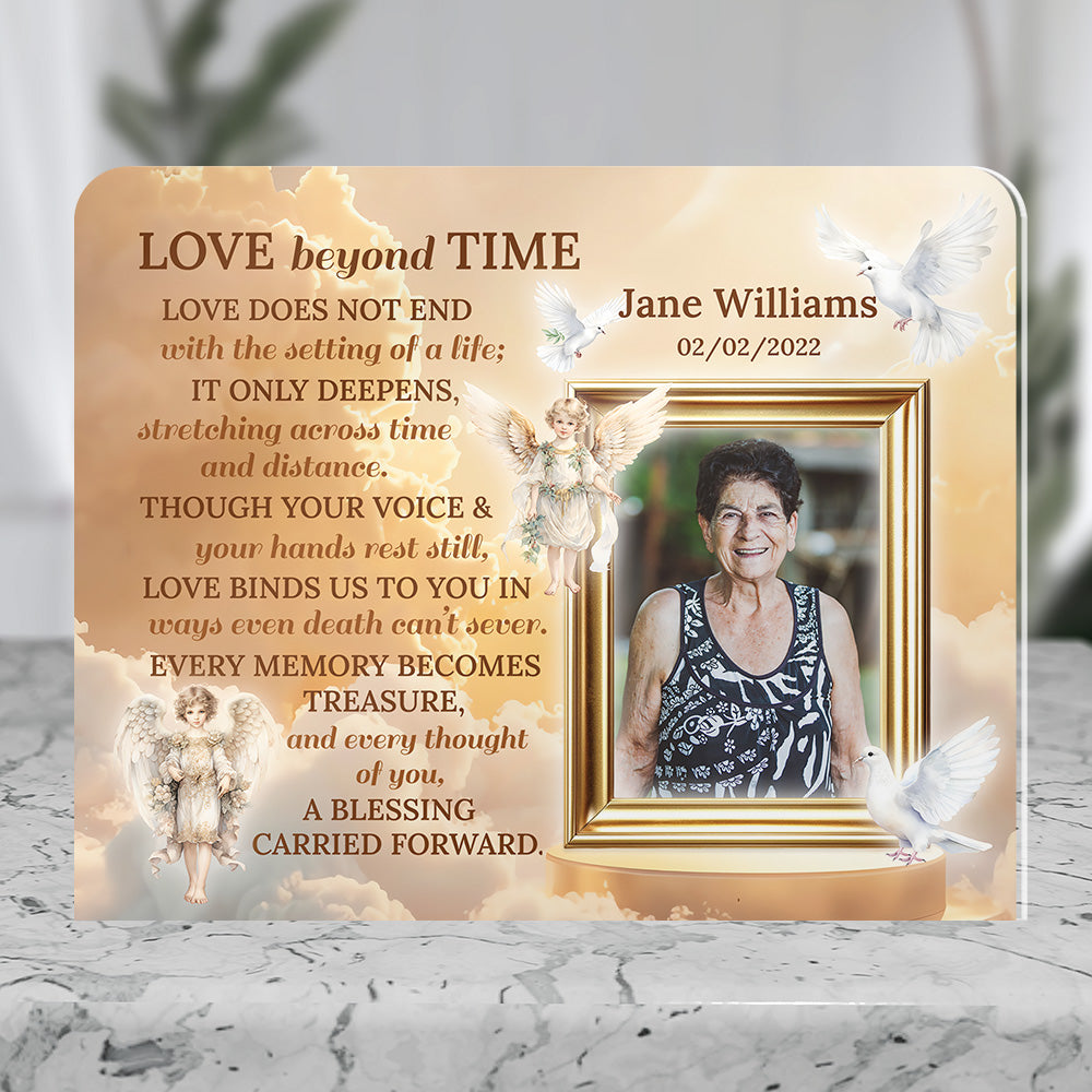 Personalized Memorial Plaque with Photo – Golden Sky &amp; Angels, “Love Beyond Time” Sympathy Gift