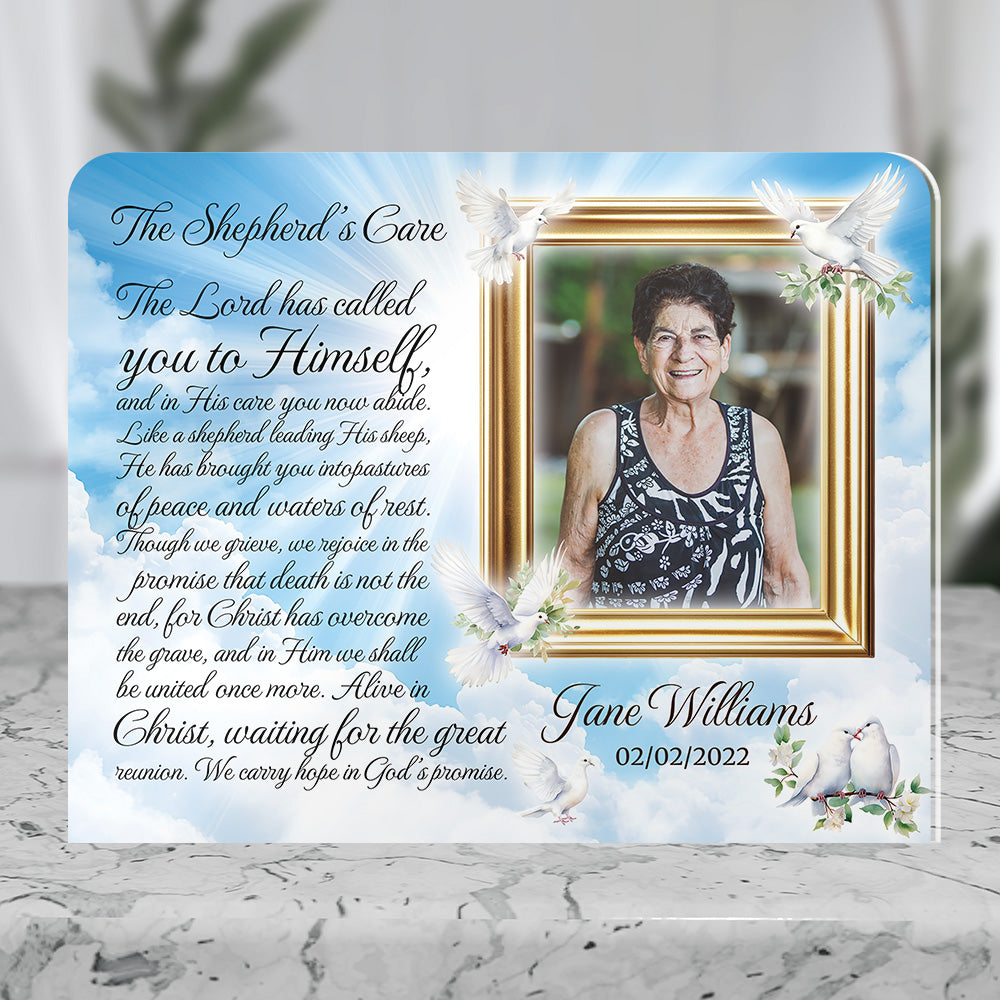 Personalized Memorial Plaque with Photo – Doves &amp; Sky, “The Shepherd’s Care” Christian Sympathy Gift