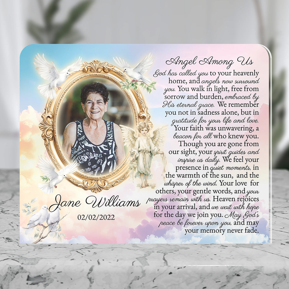 Personalized Memorial Plaque with Photo – Angel &amp; Doves, “Angel Among Us” Sympathy Gift