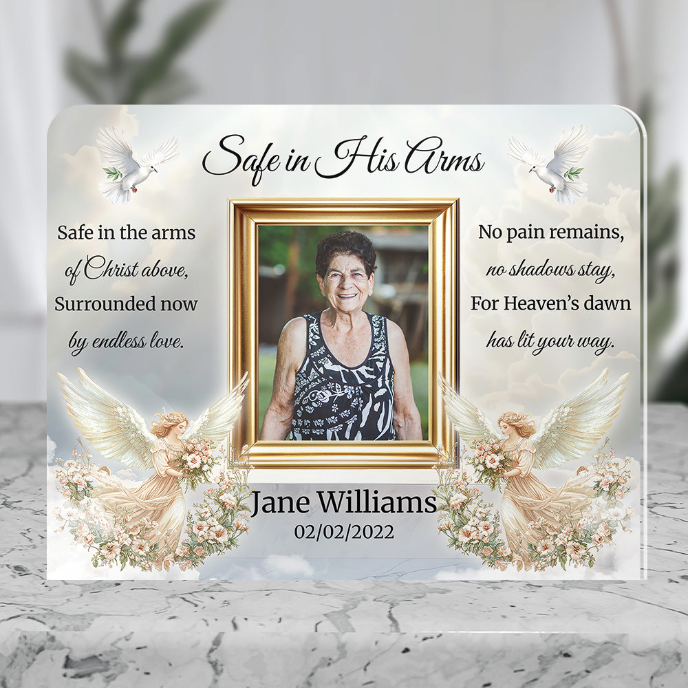 Personalized Memorial Plaque with Photo – “Safe in His Arms” Angel & Doves Sympathy Gift