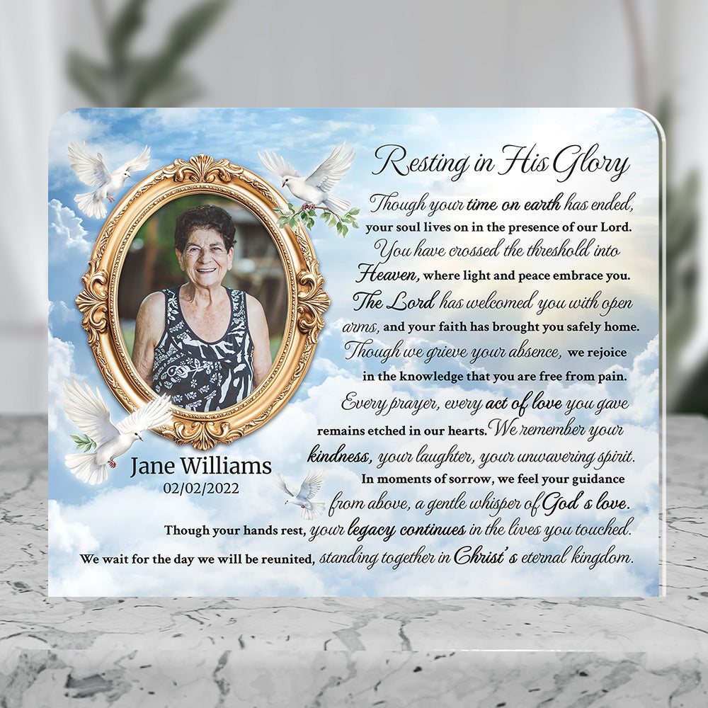 Personalized Memorial Plaque with Photo – Doves &amp; Clouds, “Resting in His Glory” Christian Sympathy Gift