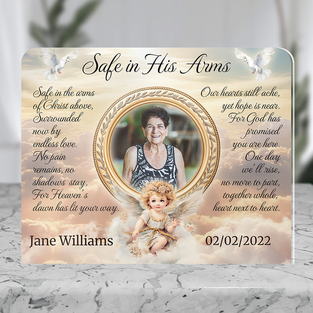Personalized Memorial Plaque with Photo – Cherub & Doves, “Safe in His Arms” Sympathy Gift