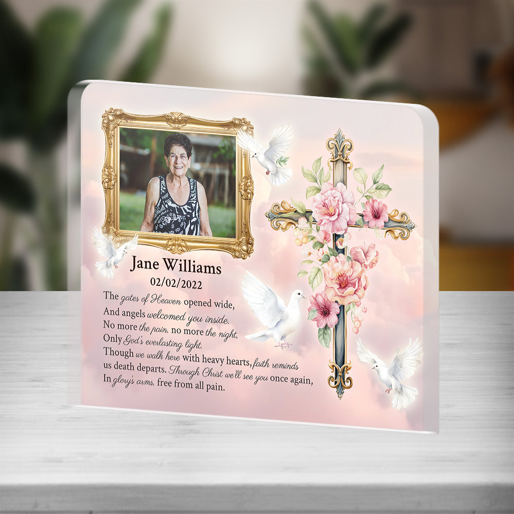 Personalized Memorial Plaque with Photo – Floral Cross & Doves, “Gates of Heaven” Sympathy Gift