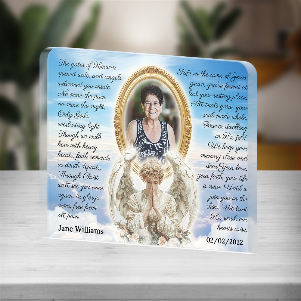 Personalized Memorial Plaque with Photo – Praying Angel & Doves, “Safe in the Arms of Jesus” Sympathy Gift
