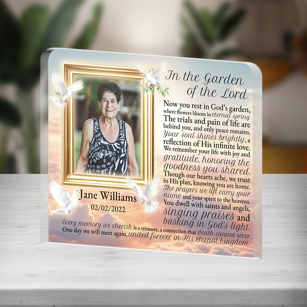 Personalized Memorial Plaque with Photo – Doves & Clouds, “In the Garden of the Lord” Christian Sympathy Gift