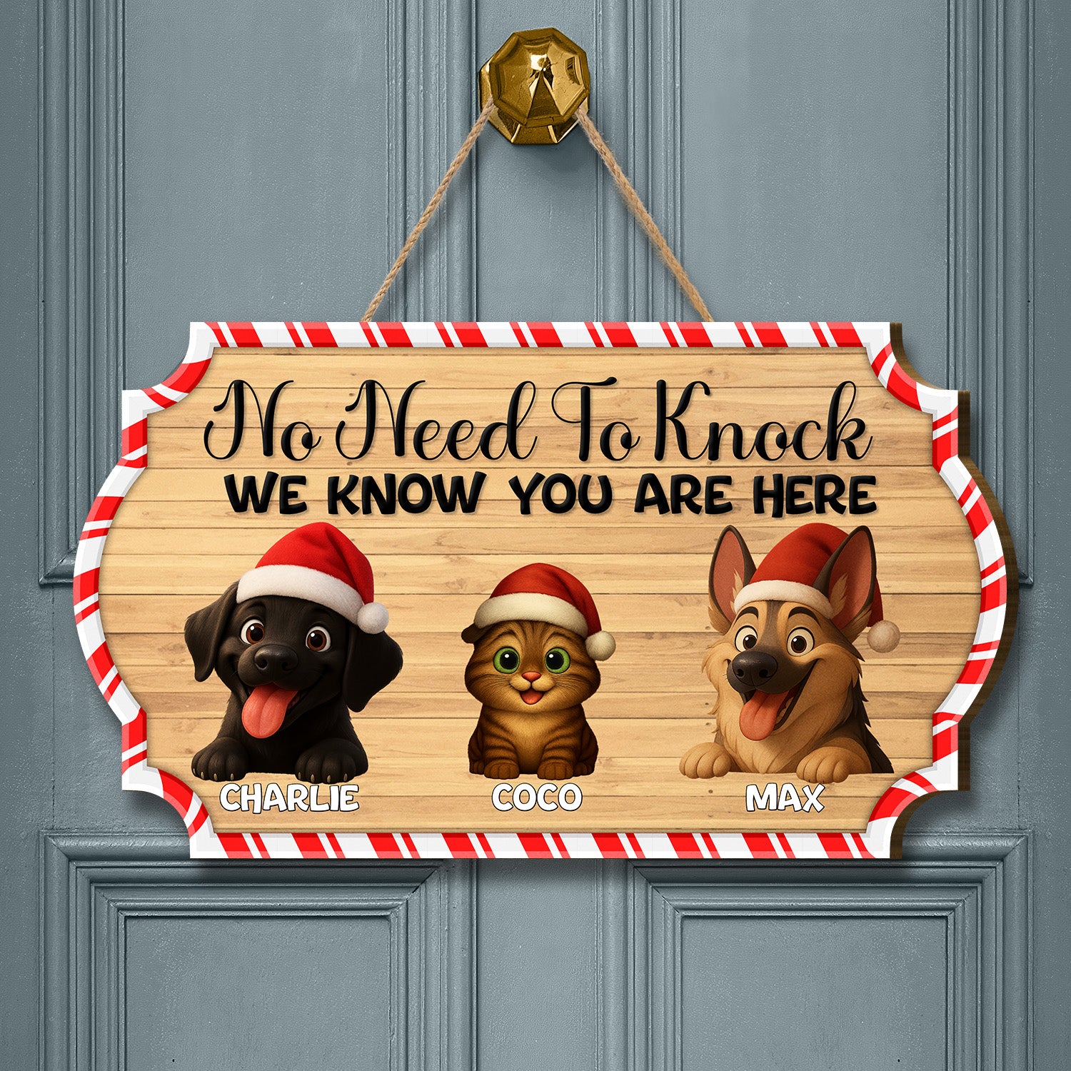 Personalized Christmas Pet Door Sign – “No Need to Knock, We Know You Are Here” – Cat & Dog Wooden Sign - Upload Photo