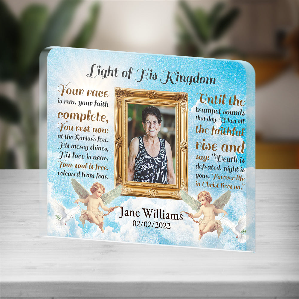 Personalized Memorial Plaque with Photo – Cherubs & Doves, “Light of His Kingdom” Christian Sympathy Gift