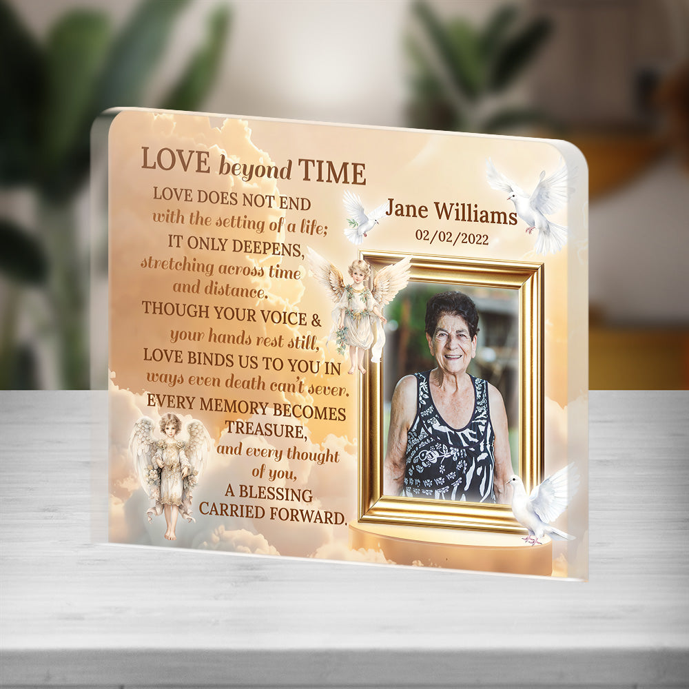 Personalized Memorial Plaque with Photo – Golden Sky & Angels, “Love Beyond Time” Sympathy Gift
