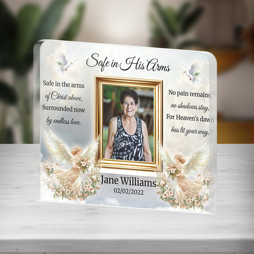 Personalized Memorial Plaque with Photo – “Safe in His Arms” Angel & Doves Sympathy Gift