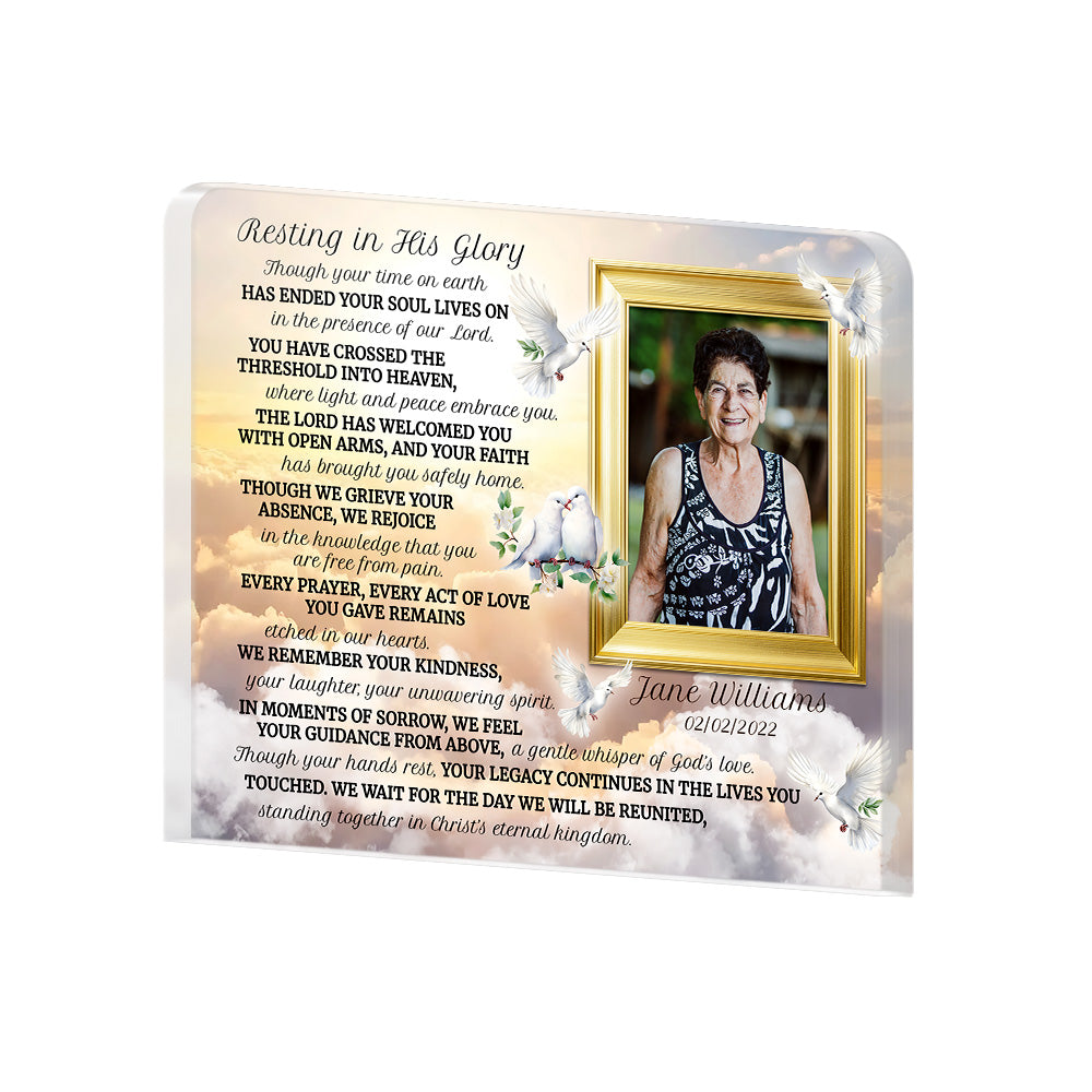 Personalized Memorial Plaque with Photo – Golden Clouds & Doves, “Resting in His Glory” Christian Sympathy Gift
