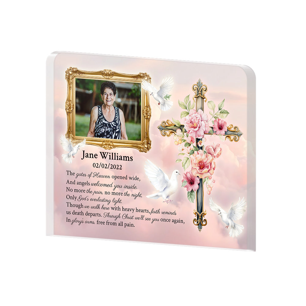 Personalized Memorial Plaque with Photo – Floral Cross & Doves, “Gates of Heaven” Sympathy Gift