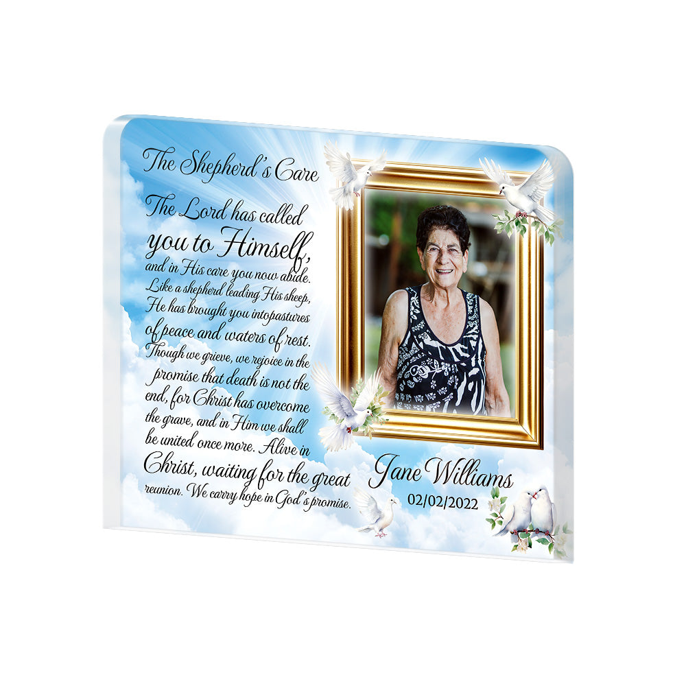 Personalized Memorial Plaque with Photo – Doves & Sky, “The Shepherd’s Care” Christian Sympathy Gift