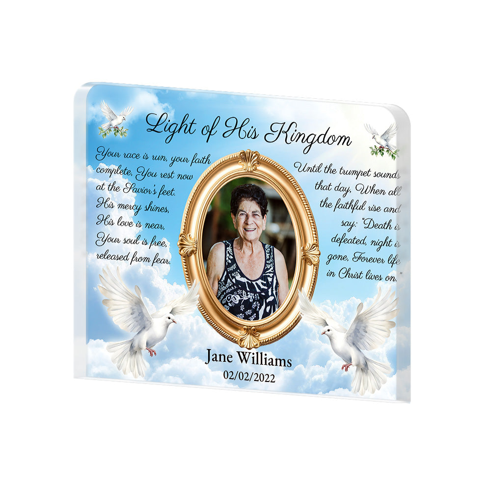Personalized Memorial Plaque with Photo – Doves & Clouds, “Light of His Kingdom” Christian Sympathy Gift