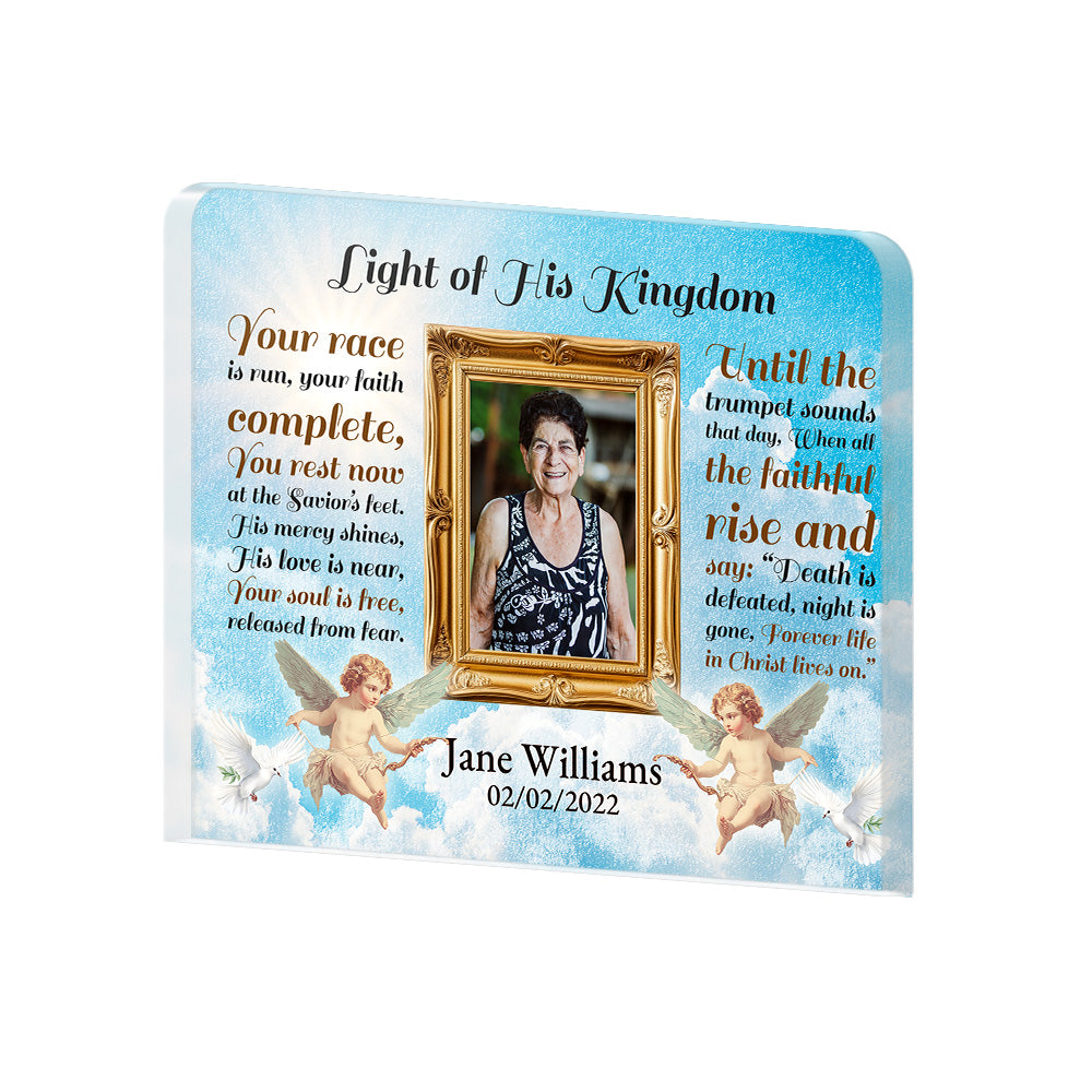 Personalized Memorial Plaque with Photo – Cherubs & Doves, “Light of His Kingdom” Christian Sympathy Gift