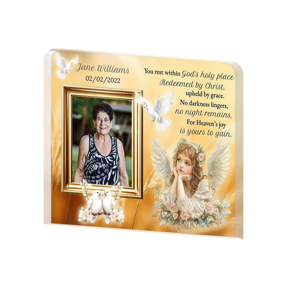 Personalized Memorial Plaque with Photo – Angel & Doves, “God’s Holy Place” Christian Sympathy Gift