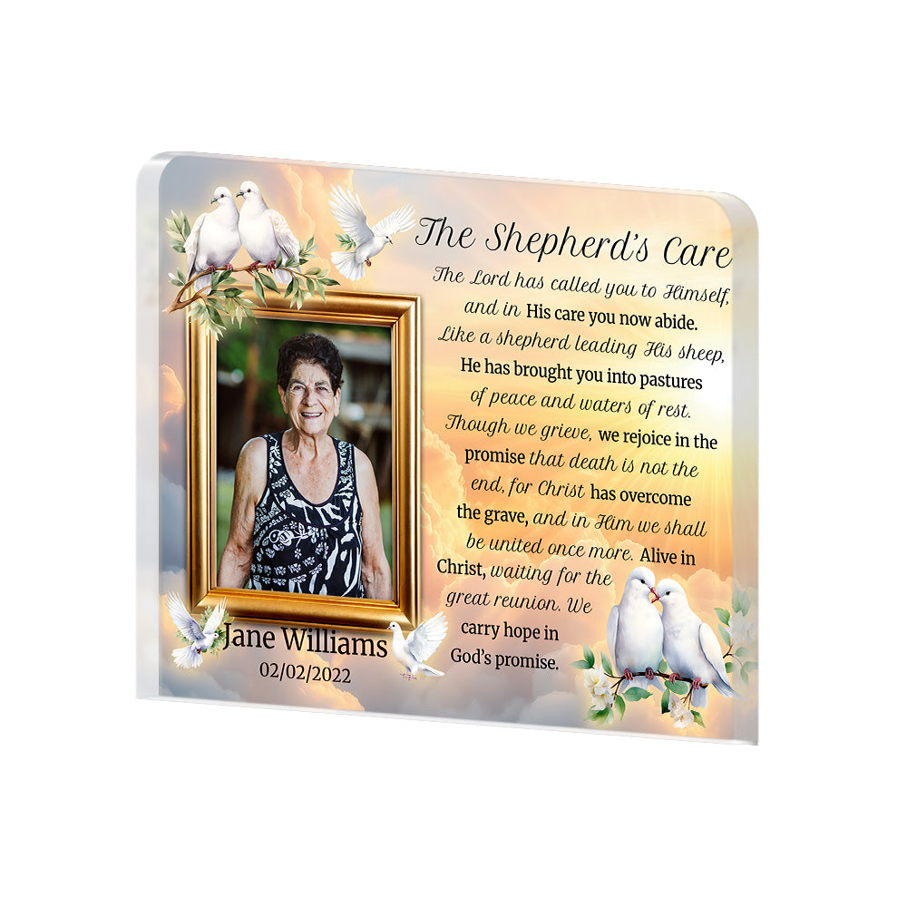 Personalized Memorial Plaque with Photo – Doves & Golden Sky, “The Shepherd’s Care” Christian Sympathy Gift