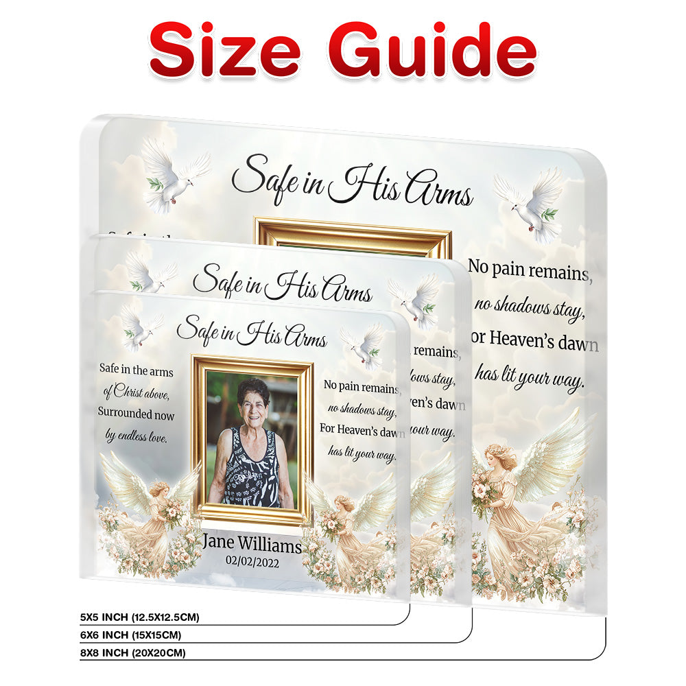 Personalized Memorial Plaque with Photo – “Safe in His Arms” Angel & Doves Sympathy Gift