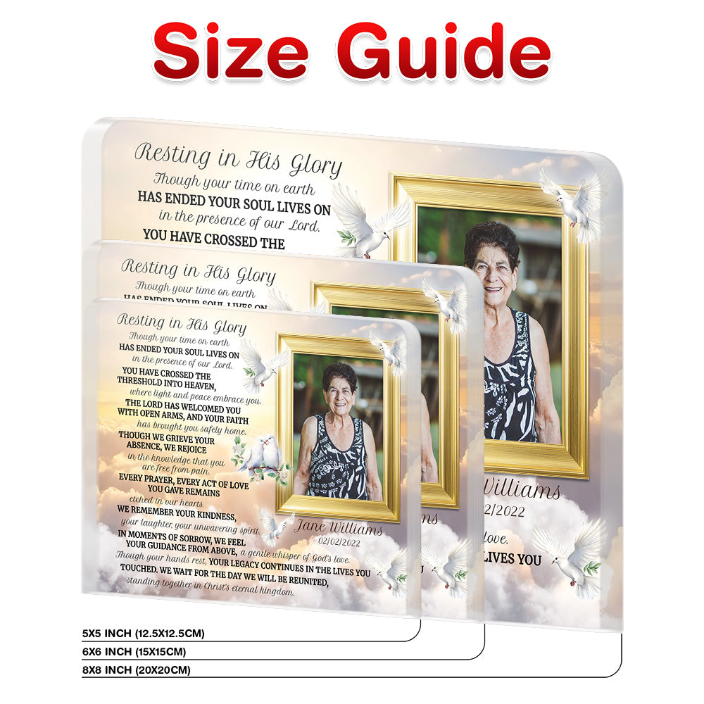 Personalized Memorial Plaque with Photo – Golden Clouds & Doves, “Resting in His Glory” Christian Sympathy Gift