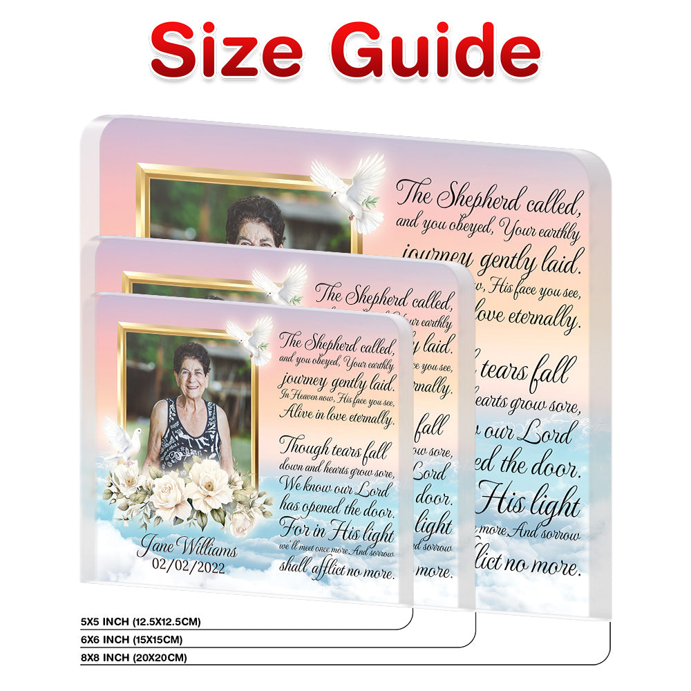 Personalized Memorial Plaque with Photo – White Roses & Doves, “The Shepherd Called” Sympathy Gift