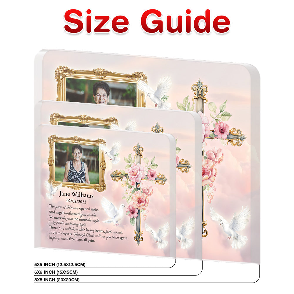 Personalized Memorial Plaque with Photo – Floral Cross & Doves, “Gates of Heaven” Sympathy Gift