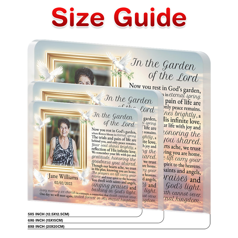 Personalized Memorial Plaque with Photo – Doves & Clouds, “In the Garden of the Lord” Christian Sympathy Gift