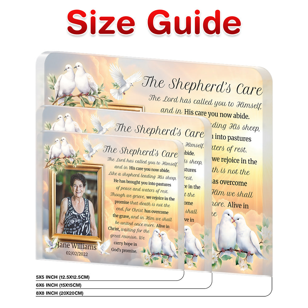 Personalized Memorial Plaque with Photo – Doves & Golden Sky, “The Shepherd’s Care” Christian Sympathy Gift