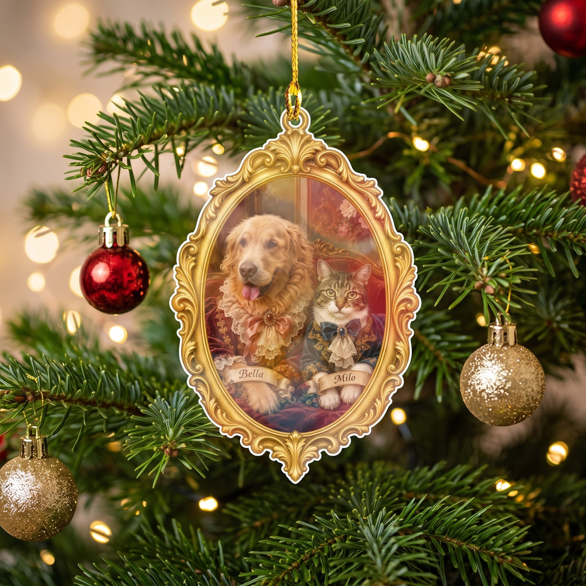 Personalized angel photo ornament hanging on a Christmas tree
