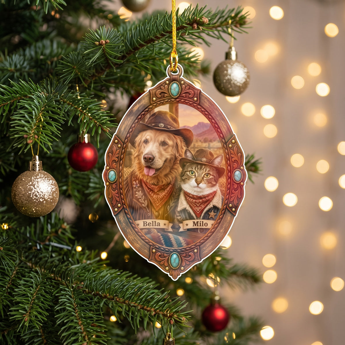 Personalized angel photo ornament hanging on a Christmas tree