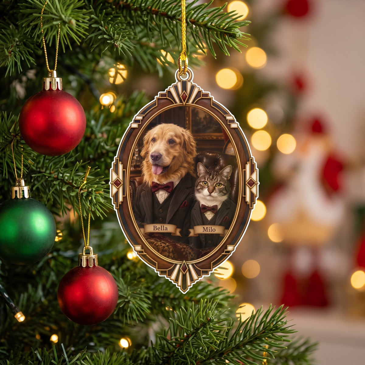 Personalized angel photo ornament hanging on a Christmas tree