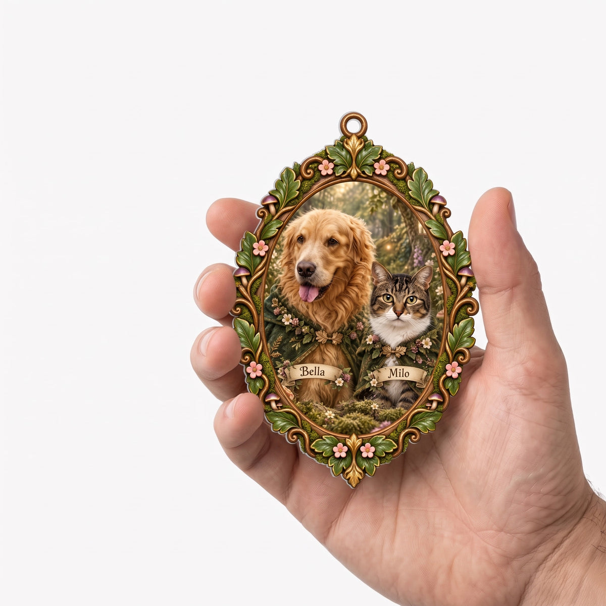 Personalized angel photo ornament held in a hand