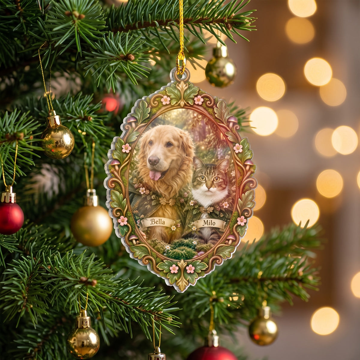 Personalized angel photo ornament hanging on a Christmas tree