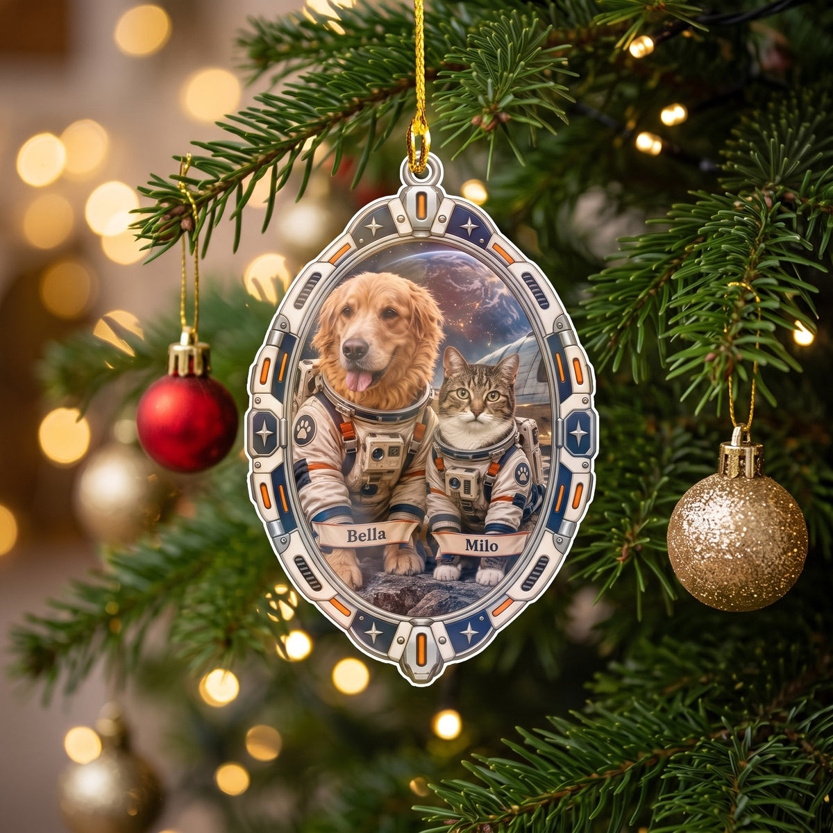 Personalized angel photo ornament hanging on a Christmas tree