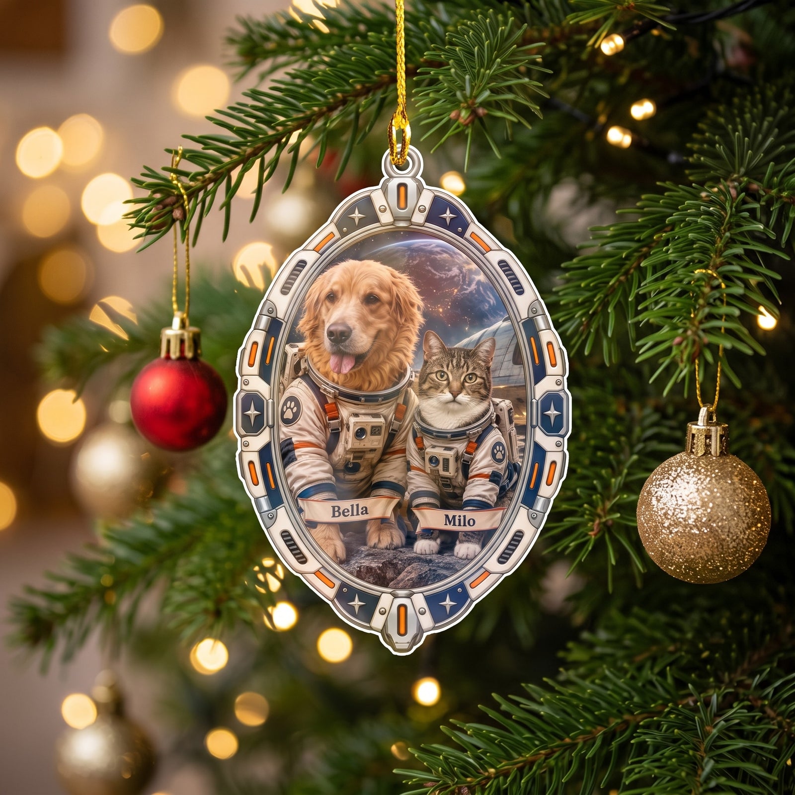 Personalized angel photo ornament hanging on a Christmas tree