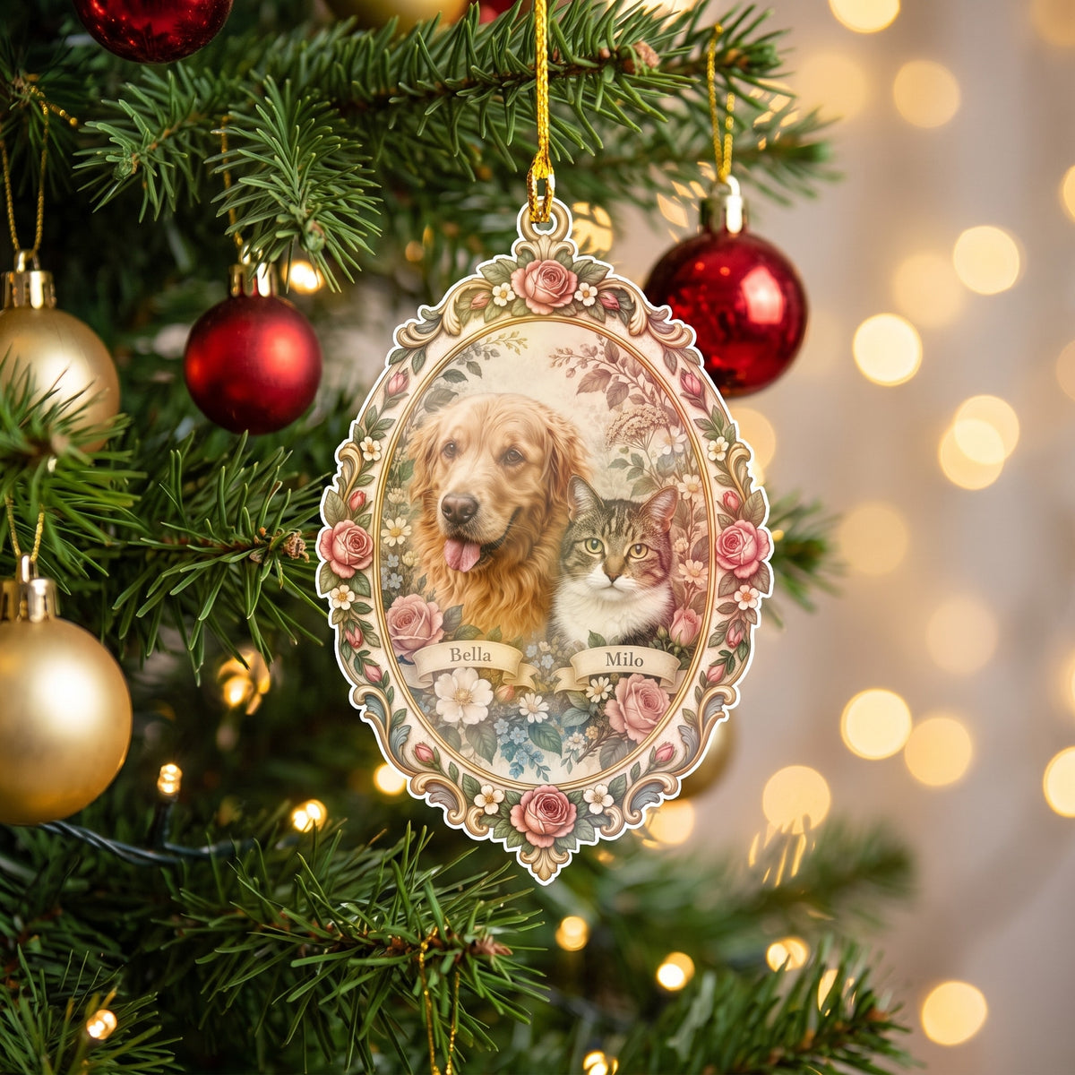 Personalized angel photo ornament hanging on a Christmas tree