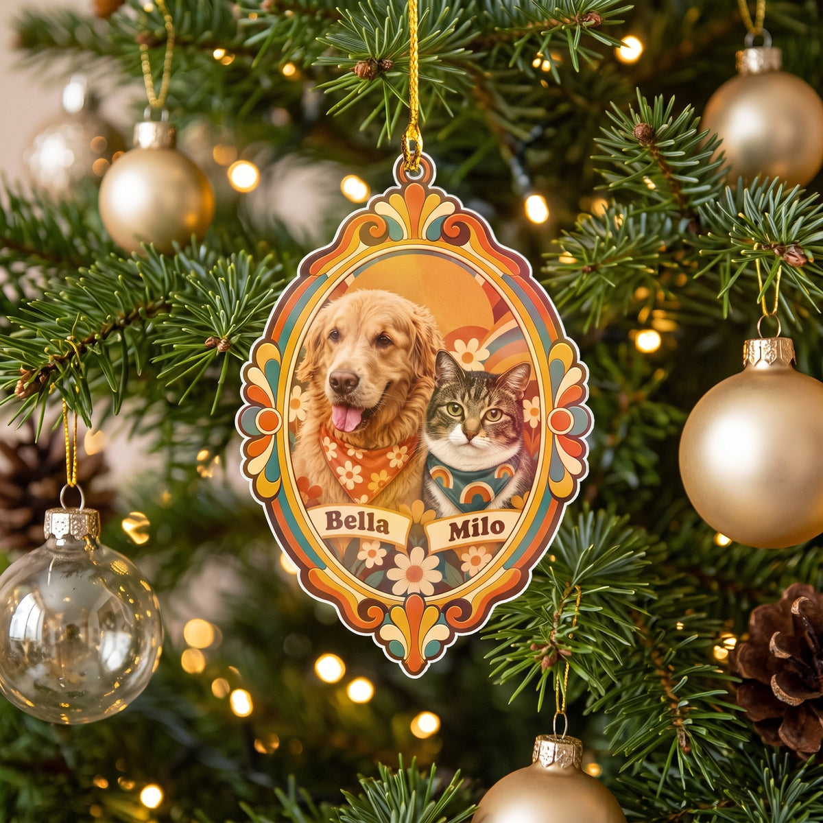 Personalized angel photo ornament hanging on a Christmas tree