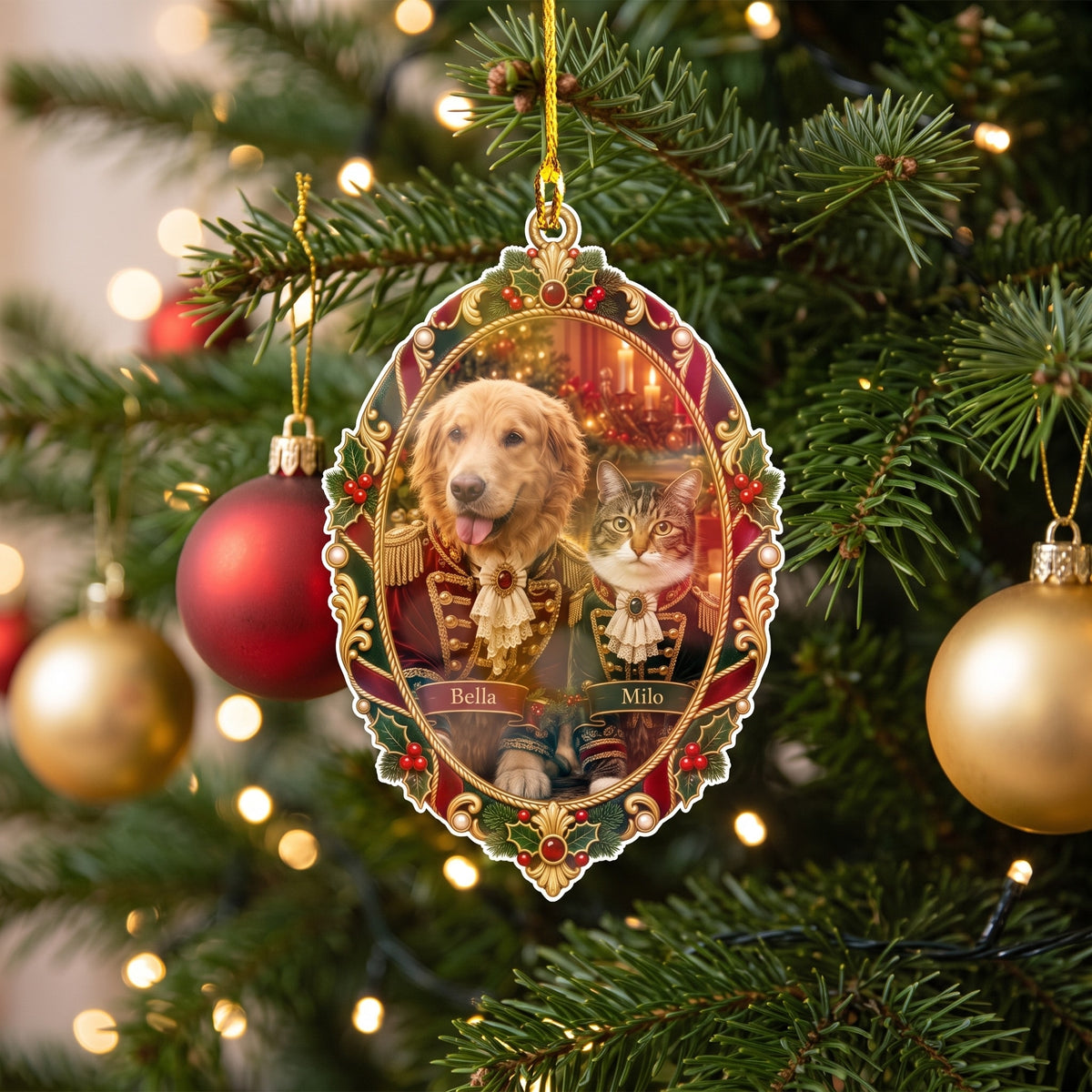 Personalized angel photo ornament hanging on a Christmas tree