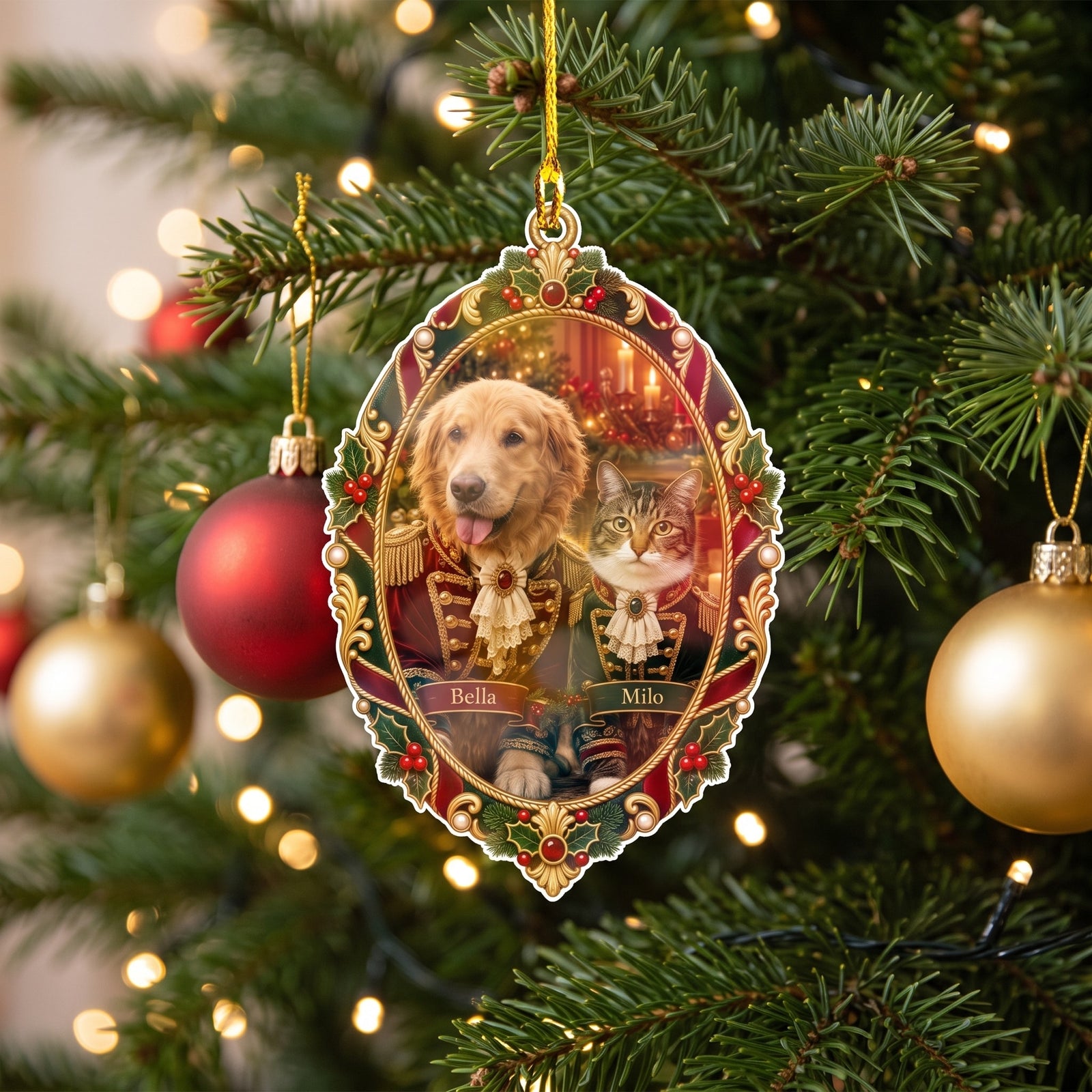 Personalized angel photo ornament hanging on a Christmas tree