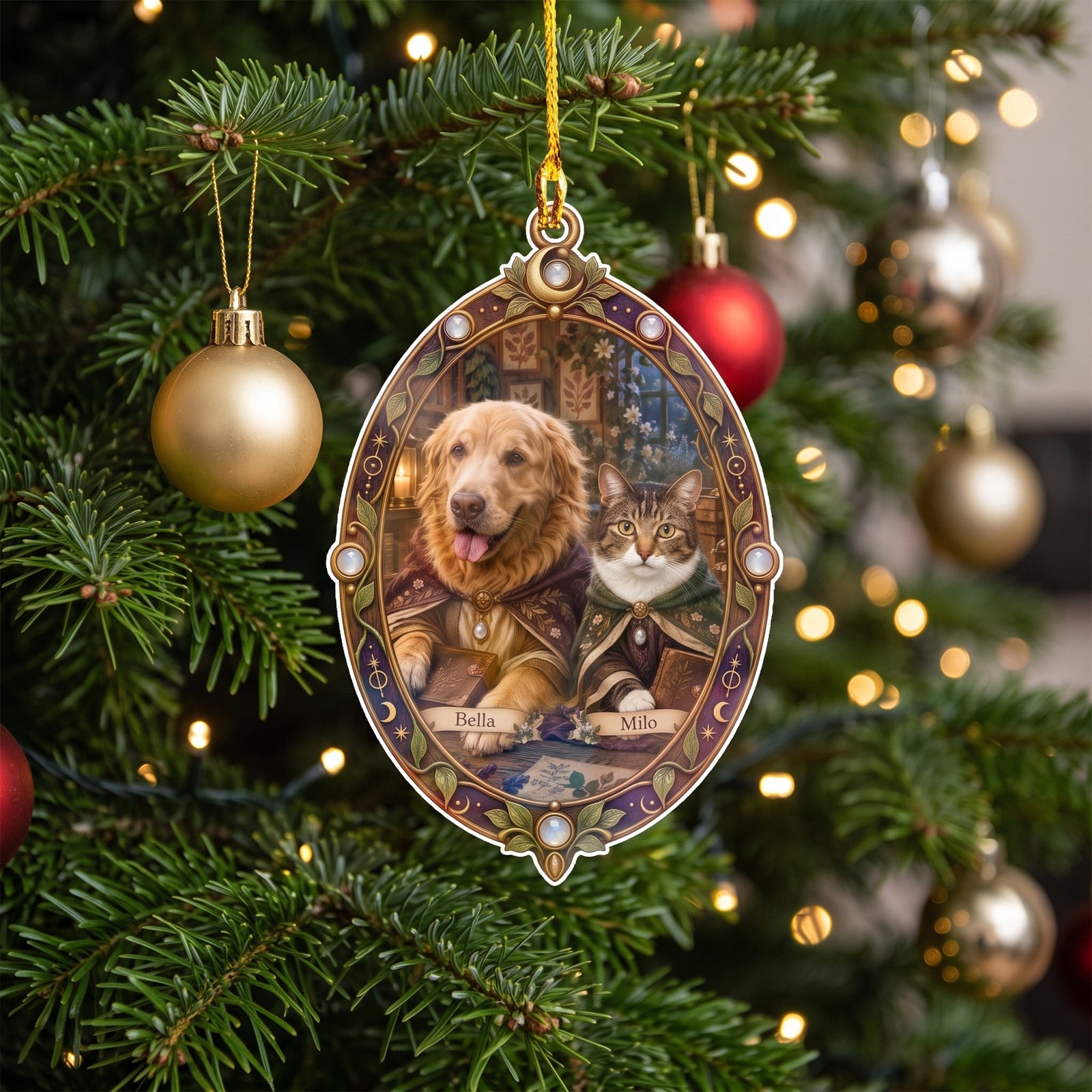Personalized angel photo ornament hanging on a Christmas tree