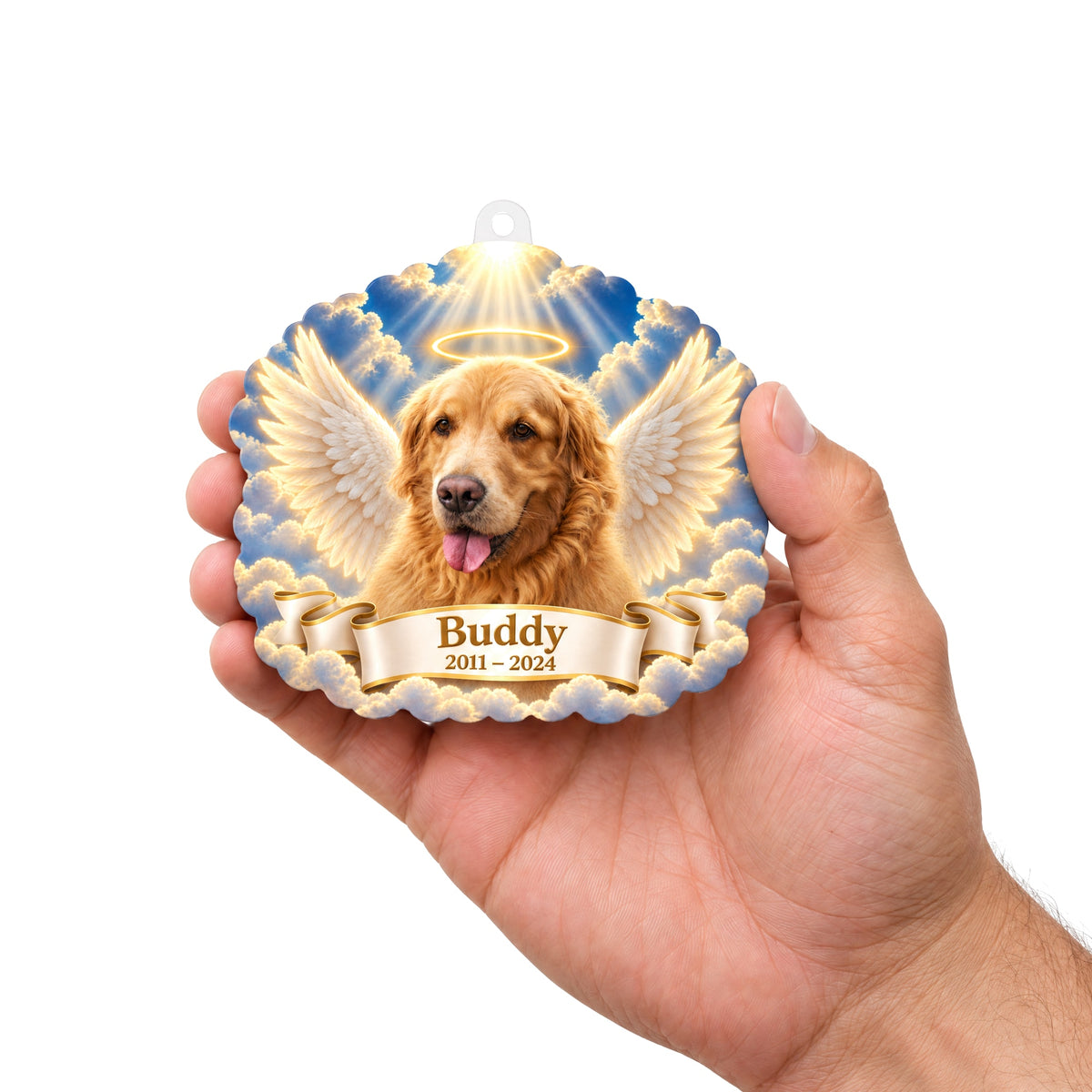 Personalized angel photo ornament held in a hand