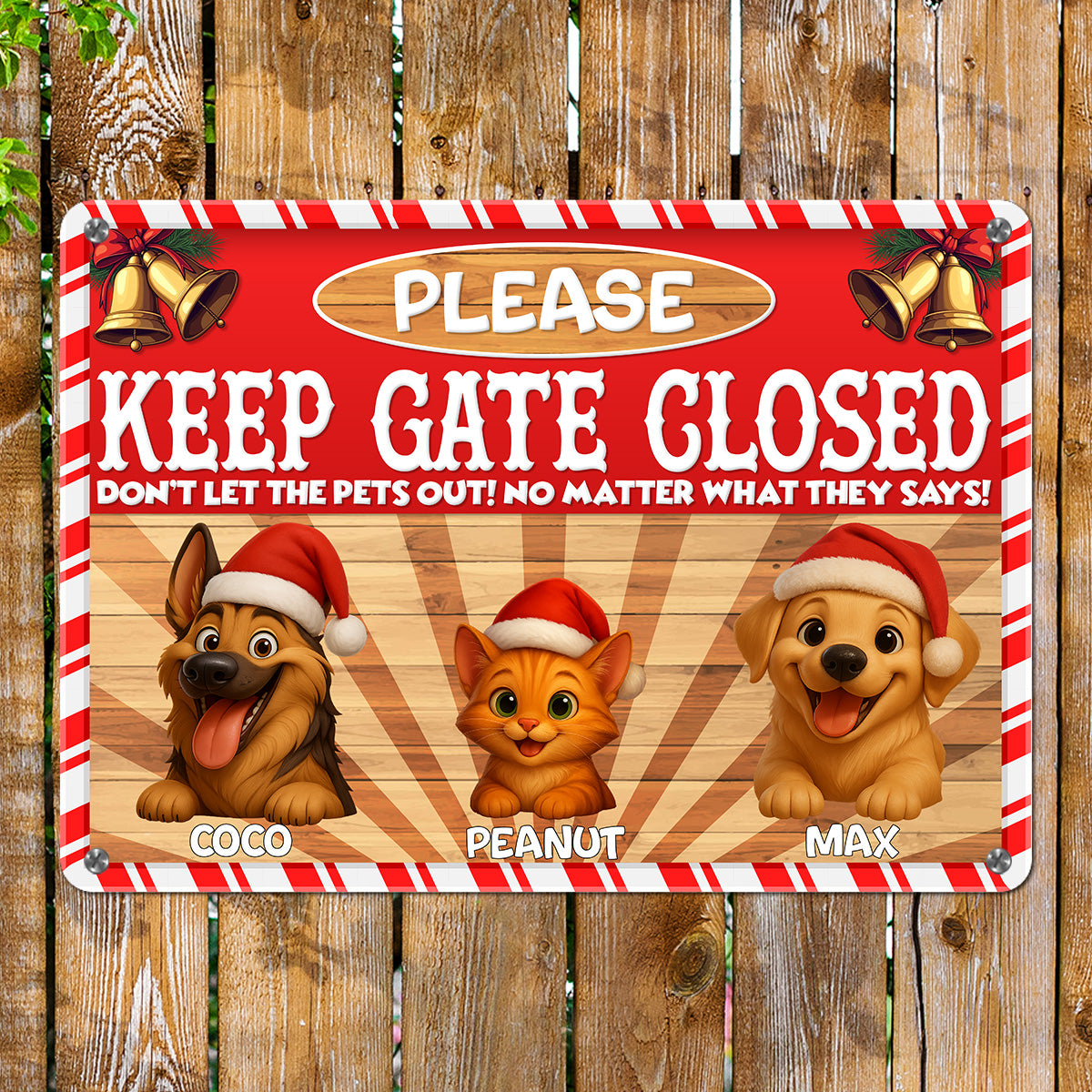 Personalized Christmas Metal Sign – “Please Keep Gate Closed” – Custom Dog Gate Warning Sign with Pet Names