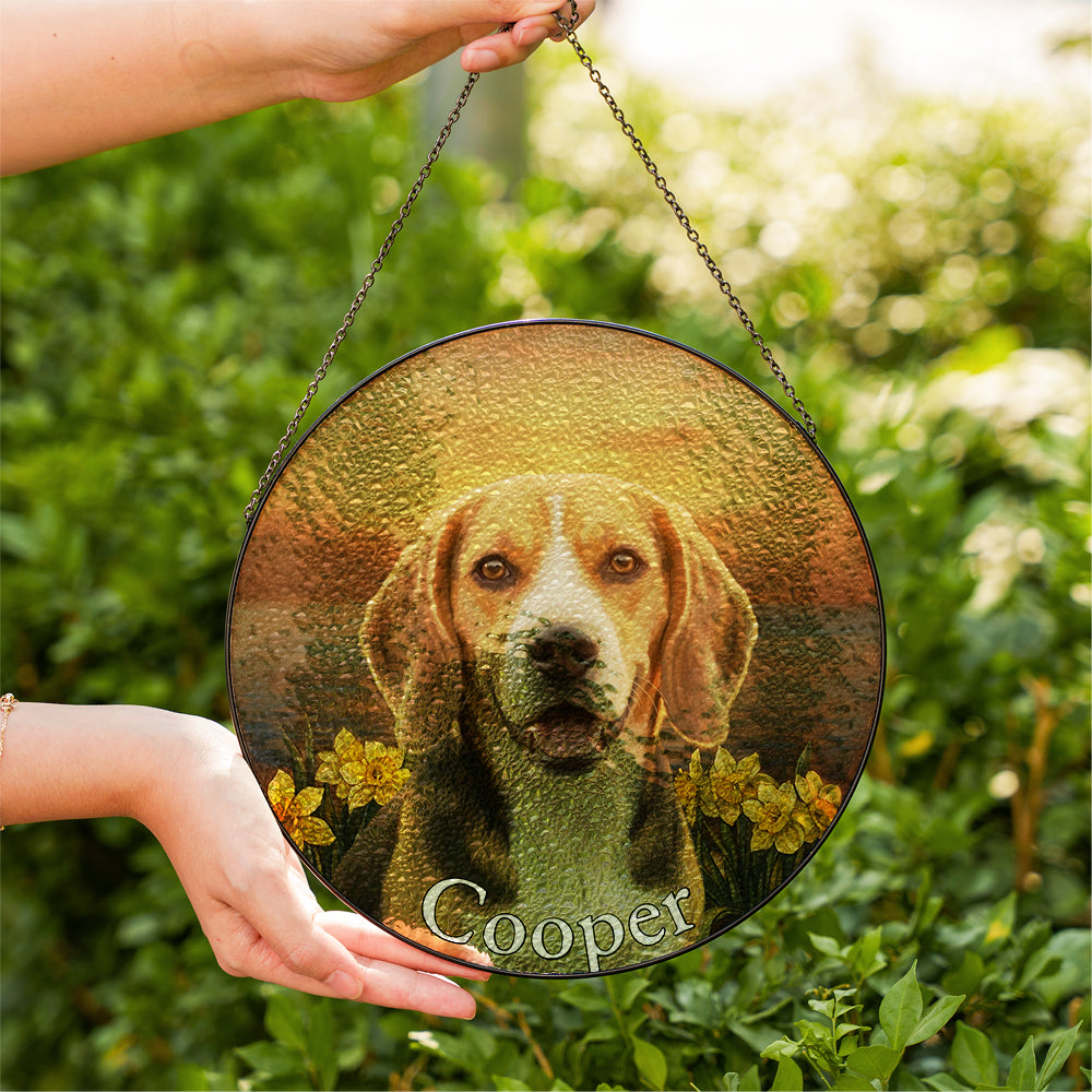 Personalized Beagle & Daffodil Stained Glass Ornament