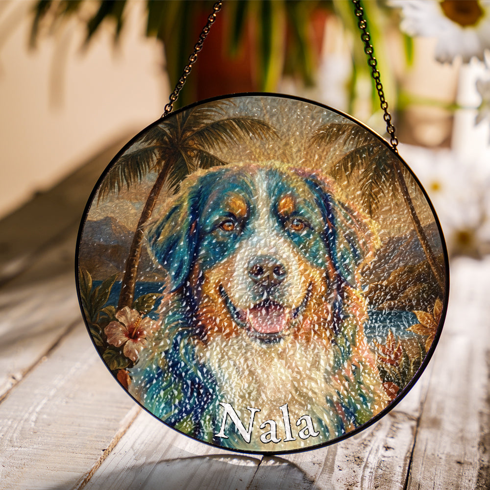 Personalized Tropical Dog Portrait Stained Glass Ornament