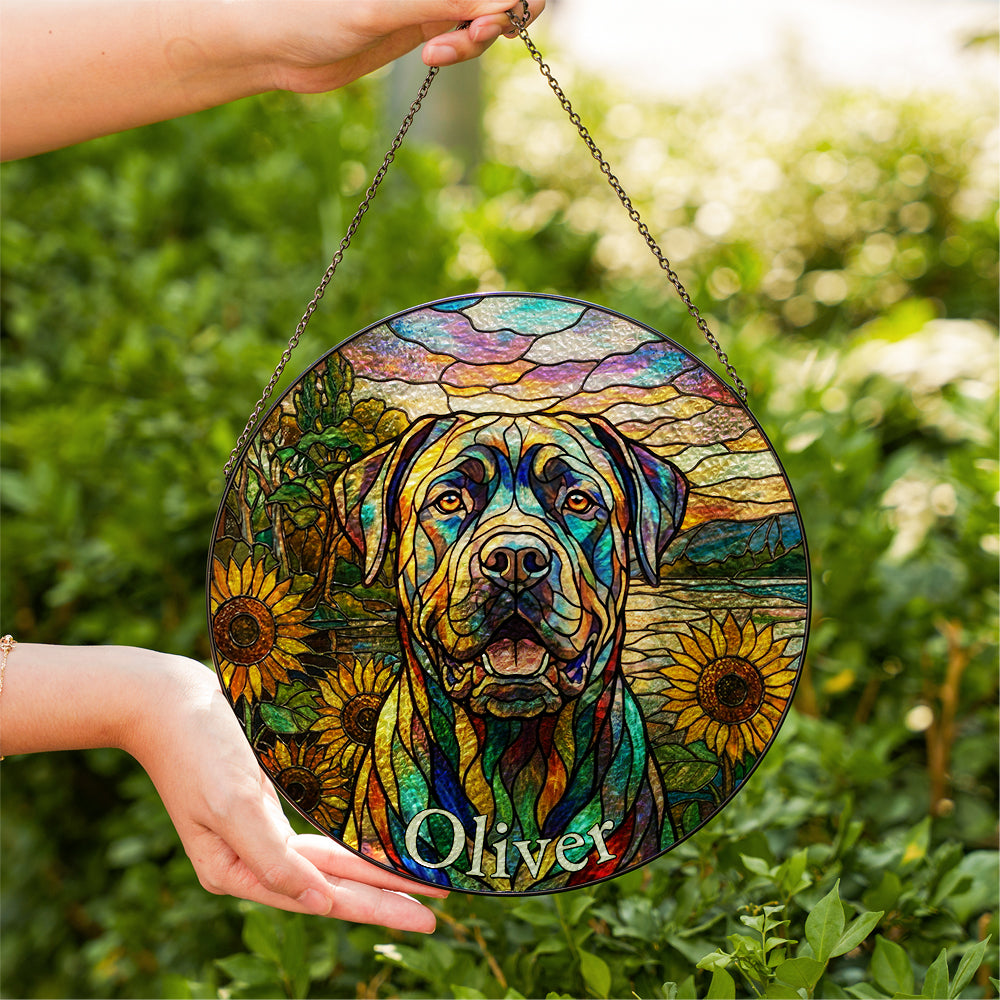 Personalized Dog & Sunflower Stained Glass Ornament