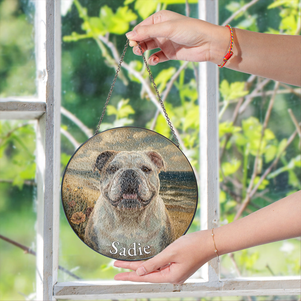 Personalized Bulldog At The Beach Stained Glass Ornament