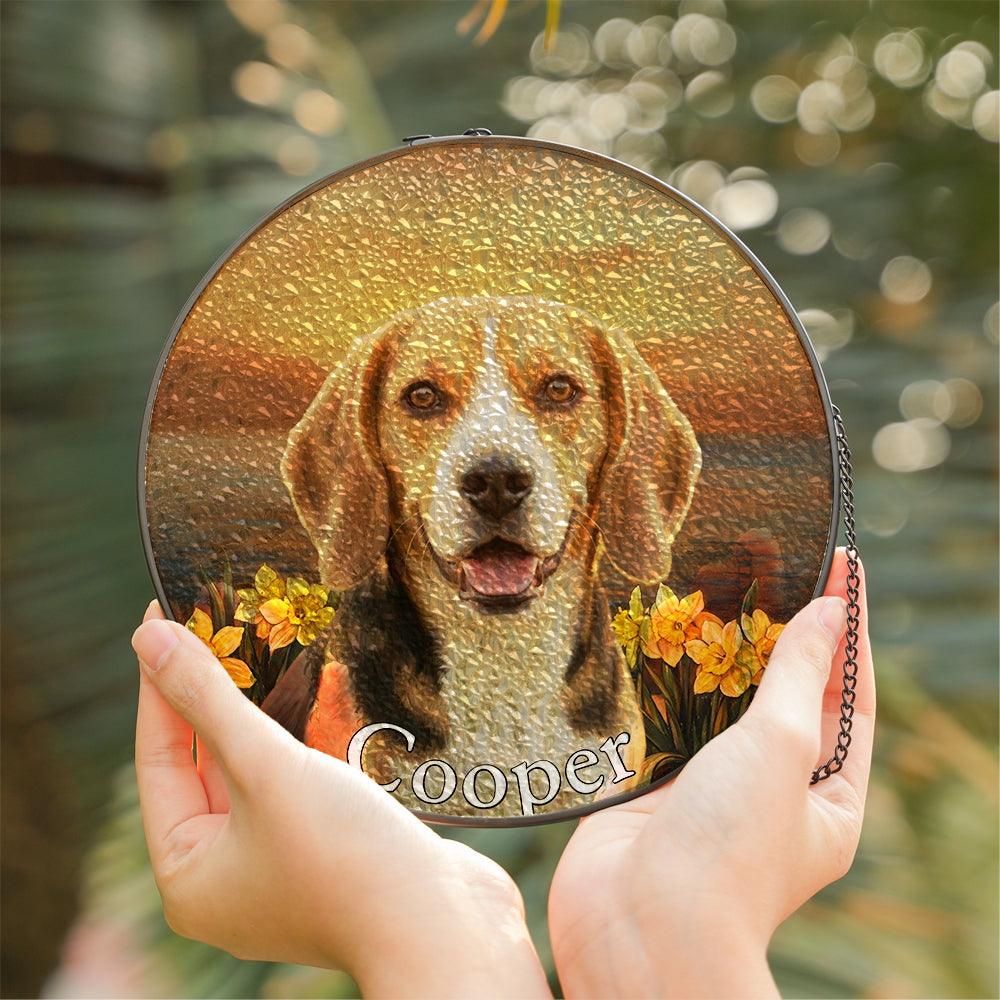 Personalized Beagle & Daffodil Stained Glass Ornament