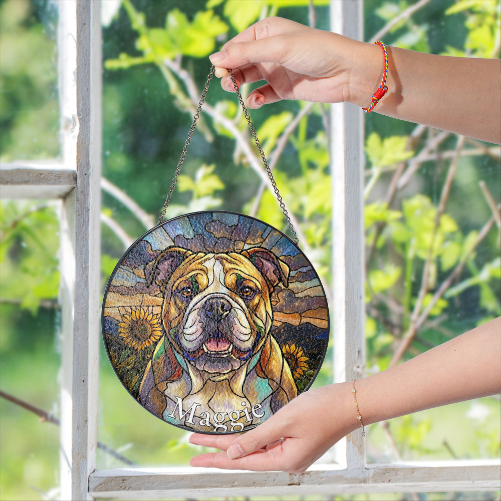 Personalized Bulldog And Sunflower Stained Glass Ornament