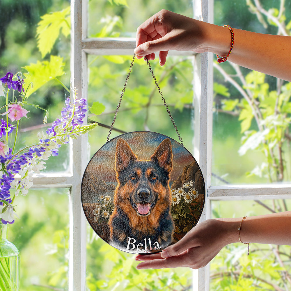 Personalized German Shepherd Daisies Stained Glass Ornament