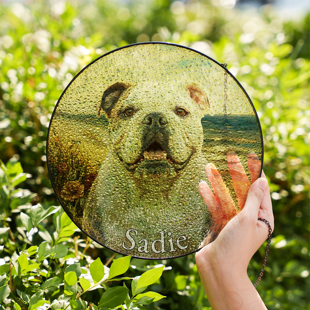 Personalized Bulldog At The Beach Stained Glass Ornament