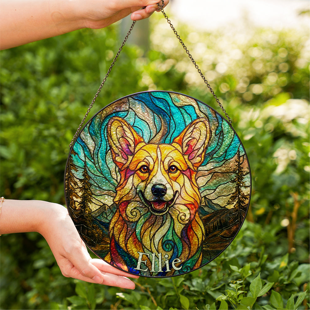 Personalized Corgi Mountainscape Stained Glass Ornament