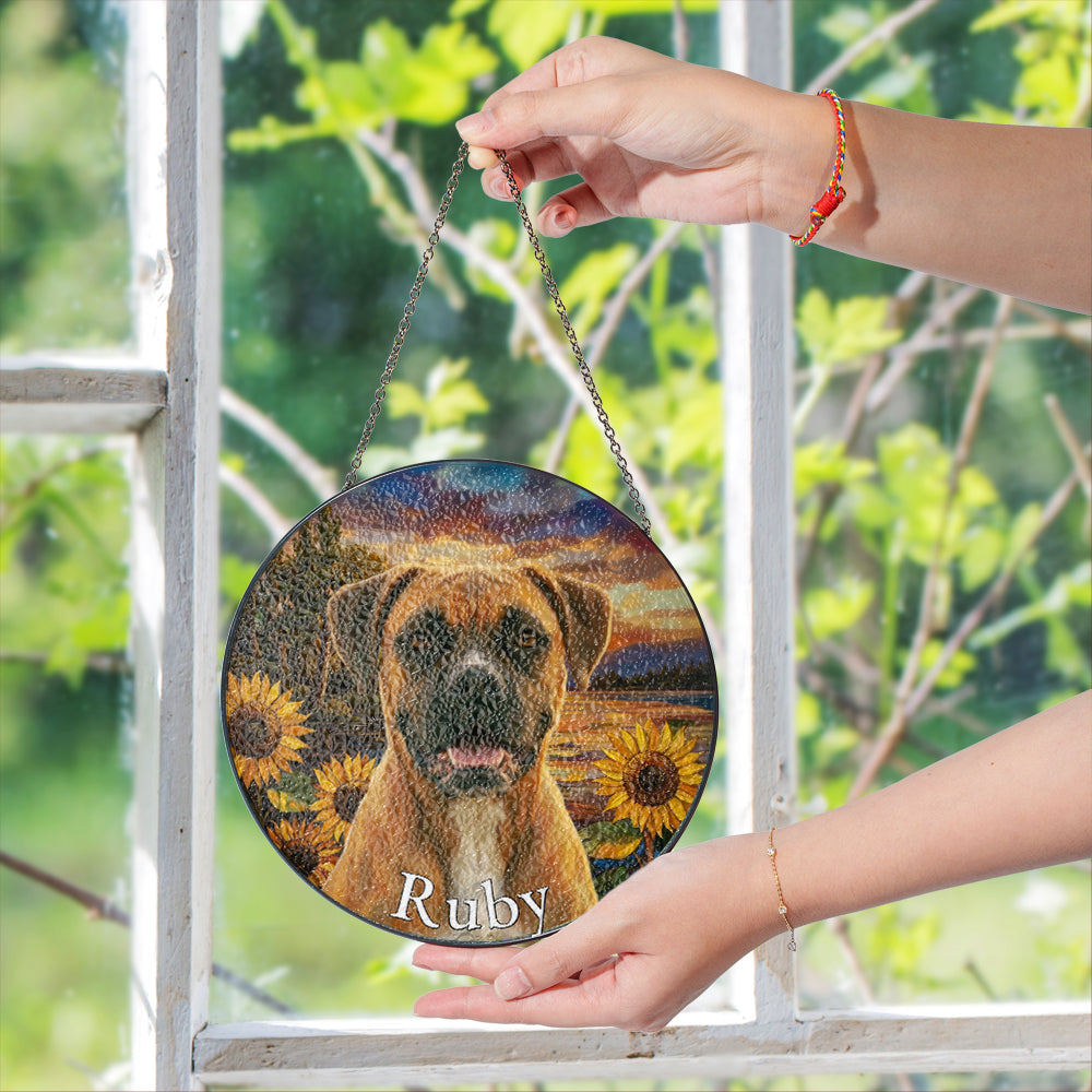 Personalized Boxer & Sunflowers Stained Glass Ornament